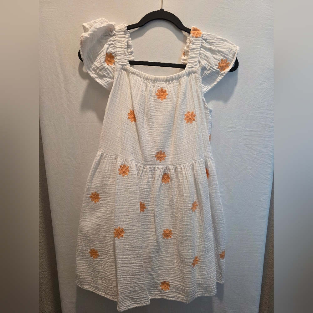 Cat & Jack Girls White Orange Floral Embroidered Smocked Ruffle Sun Dress XL 14 - Picture 2 of 9